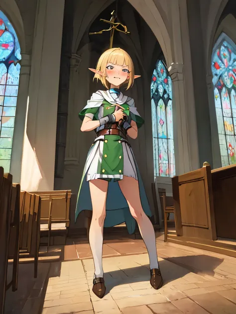 masterpiece, best quality, ultra detailed, super resolution, watercolor, anime,standing,slave,full body,embarrassed,afterglow,
(1elf boy), solo,blond hair, , (sinner), disgusted face,handcuffed,perfect,at church,court,