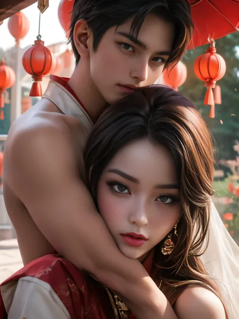 arafed image of a couple of asian man and woman hugging each other in Peach Garden, in wedding clothes, Peach Garden detailed background, xianxia fantasy, jingna zhang, game cg, wuxia, inspired by Chen Yifei, xianxia, xianxia hero, 2.5 d cgi anime fantasy ...