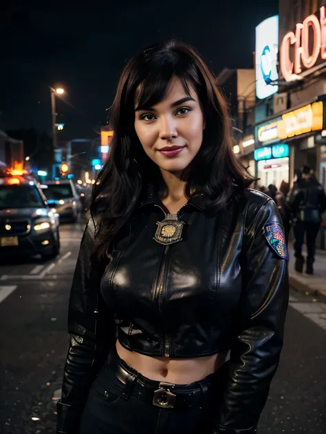 Portrait of natlp as a beautiful smiling Bettie page, beautiful face, with short dark brown hair, in cyberpunk city at night. She is wearing a leather jacket, black jeans, dramatic lighting, (police badge:1.2)