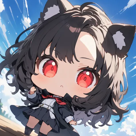 masterpiece, highest quality, 非常にdetailedな, figure, One girl, Long black hair, eyes bright red, Wolf Ears, Black Cape, Fluffy collar, morning、(Chibi Character:1.6)、(highest quality、masterpiece、High resolution、detailed)、animeスタイル、Flat Style、(Shining Eyes、de...