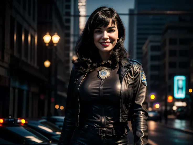 portrait of natlp as a beautiful smiling bettie page, beautiful face, with short dark brown hair, in cyberpunk city at night. sh...