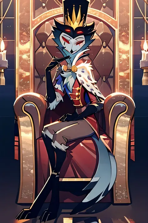 (furry art, upload on e621), ((stolas)), (anthro, furry), closed mouth, sfw, (red tunic, crown, grey pants, black gloves, elbow gloves, white fur collar, (top hat), cape), hat, (throne background), sitting on throne, short hair, black hair, white face, fou...