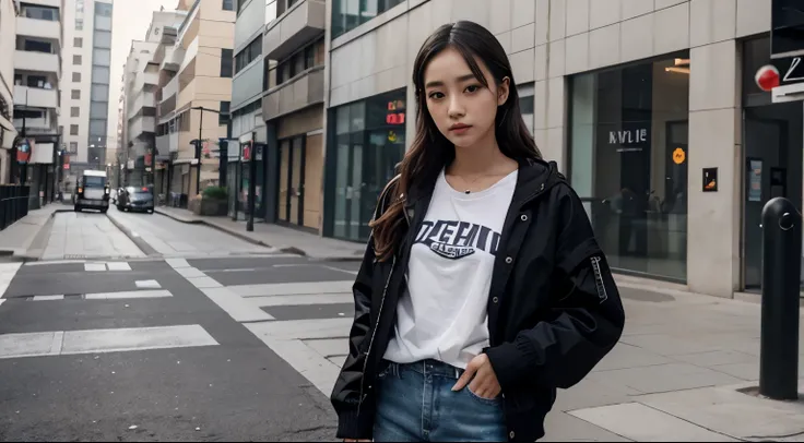 a woman in a white T-shirt and Jacket, jeans standing on a sidewalk, korean womens fashion model, casual clothing style, girl wearing hoodie, cute casual streetwear, dilraba dilmurat, she is wearing streetwear, wearing a jeans jackets, woman in streetwear,...