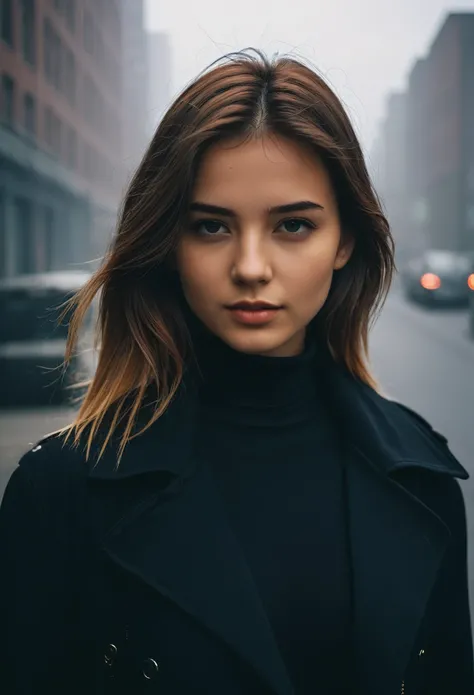 photography, city street, closeup portrait photo of young woman in dark clothes, sunny, daylight, fog, Fujifilm XT3, Canon R5, Fujicolor Fujichrome Velvia 100