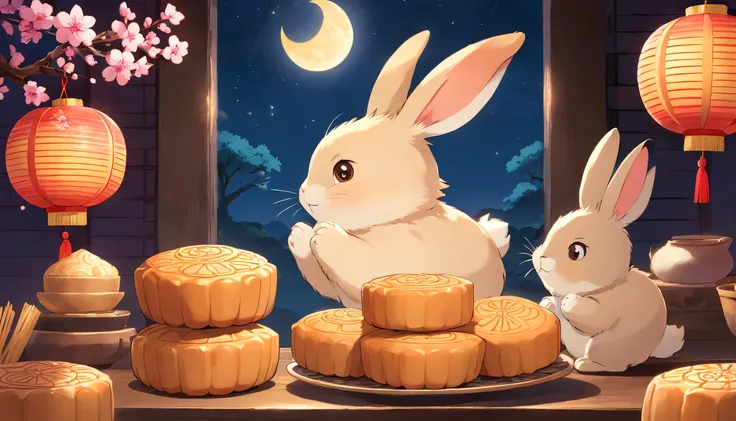 Delicious mooncakes，Cute bunny，Holding mooncakes，Bunny&#39;s Home，Peach Blossom，Big Moon，Mid-Autumn Festival