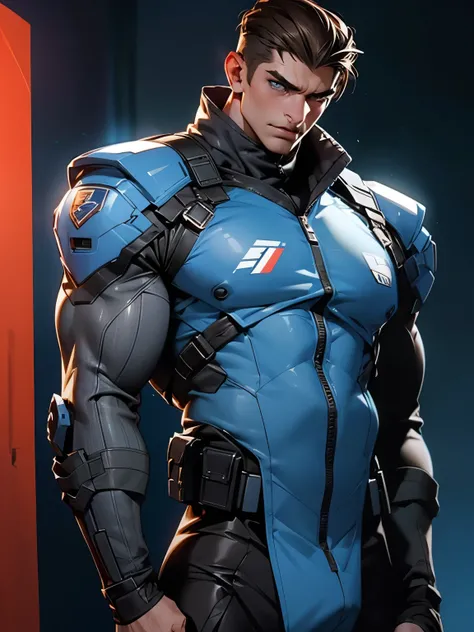 A Man, muscular, brown hair, blue eyes, SWAT Member, wearing a futuristic but sexy Uniform, strong face, strong expression, in a grey empty room, red neon light, soft shadows, Realistic, Highly detailed, masculine, Highly realistic, photorealistic artwork,...