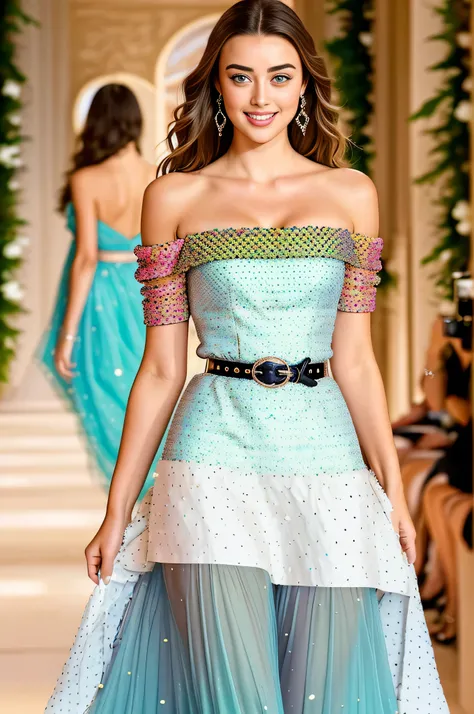 professional photo of 1 Girl , realistic photo, masterpiece, woman in a beautiful dress, a orange polka dot dress , off shoulders dress, chanel designer dress, vivid color, a striking 20-year-old American model with light brown hair , wavy hair, 170 height...