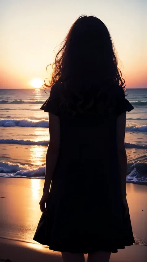 Very far, whole body, Under, From behind, highest quality, Frizzy Hair, Panorama, Beach, One Girl, silhouette,