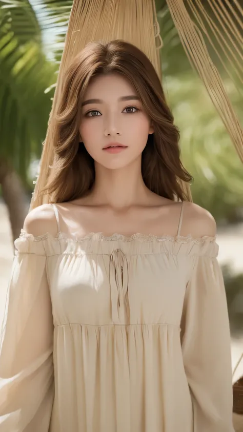 ((top quality、8k、​Masterpiece:1.3))、Cute 1 woman with perfect figure:1.4、((light brown hair、medium bust:1.2))、Lying in a hammock、hammock、at the beach:1.2、Highly detailed facial and skin textures、delicate eyes、double eyelids、Arms and chest、Dress casually