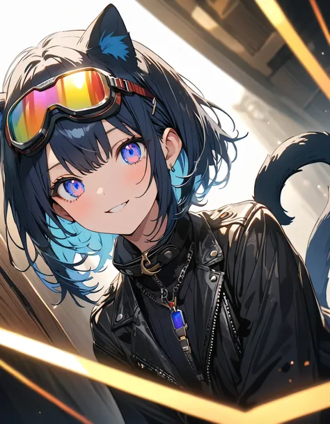 Cool boy with purple and blue hair:2, Striped Hair, Short Hairstyles, Wearing goggles and a leather jacket, Colorful Tattoos, Detailed accessories, ([Cat tail and ears]:1.3), (Complex details), High resolution, (Complex details, Super detailed:1.2), Cinema...