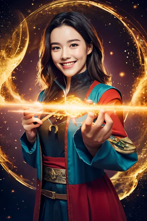 The youth，real，Marvel movies，Doctor Strange，nice smile、A kind smile、Holding a magic wand、Background、Flying in the sky、