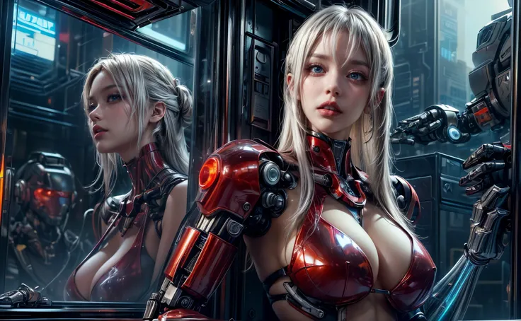 "((Hyper-realistic)) cyborg, Sorayama-esque, ((mecha red body)), ((translucent glass limbs)), leather outfit, ((girl with attitude)), dynamic lighting, intricate reflections, ((edgy cyberpunk atmosphere)). White hair,blue eyes ,all blue celest