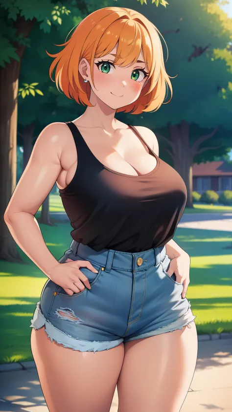 

((highres)), Masterpiece, high quality, best quality, beautiful, perfect lighting, detailed face, ultra cute face, depth of field, full body shot, (cowboy shot 1.5), wide angle, ((1girl)), ((solo)),

Short hair, messy hair, orange hair, green eyes, ((blu...