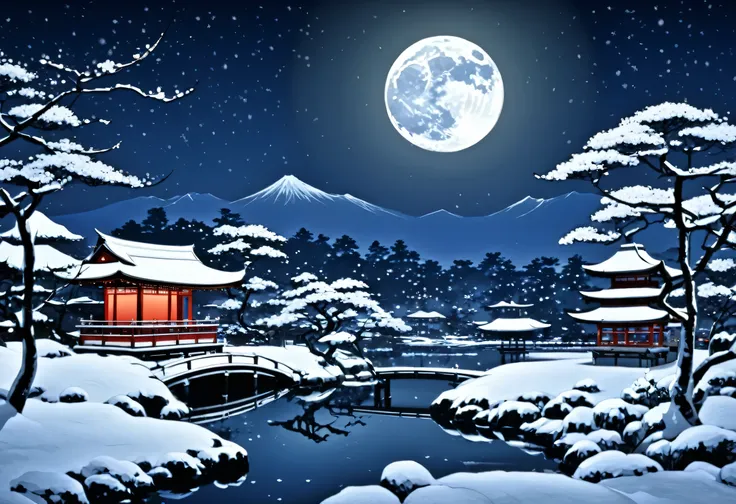 Painting of a Japanese garden with a full moon and snowy landscape in the moonlight, digital art inspired by Kanō Sansetsu, Trending on Artstation, ukiyo-e, Japanese art style, Highly detailed digital art in 4K, Beautiful Art UHD 4K, 4K Highly Detailed Art...