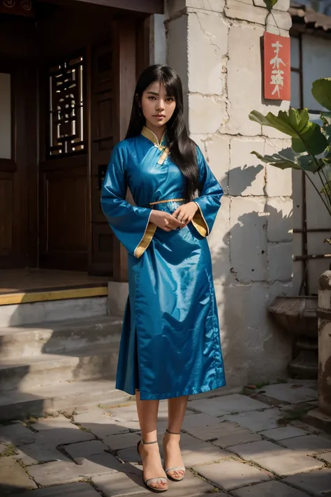 Full body portrait:1.4), RAW UHD portrait photo of a 25 year old Chinese Goddess Kuan Yin with black hair that flows down to her knees, she is emerging from a lotus flower, she has brown eyes and is 56" and slender, she wears high-end traditional Chinese c...