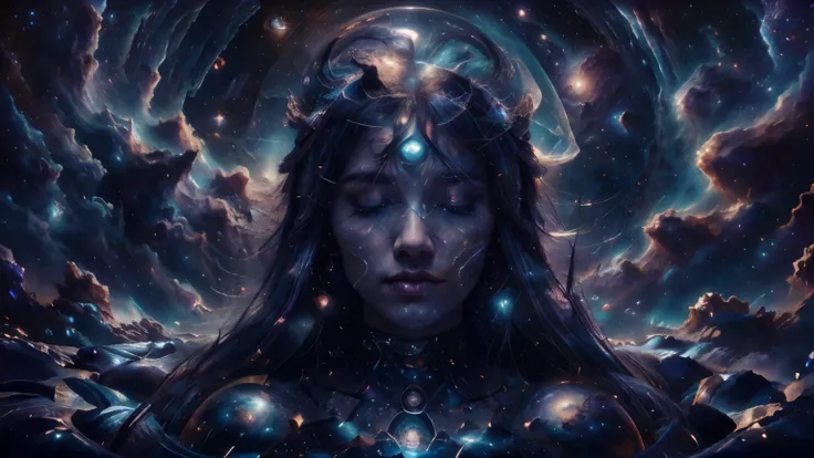 magical digital art, cosmic goddess with long hair and closed eyes amid the stars, rosto bonito, cabelos compridos, flying hair,...