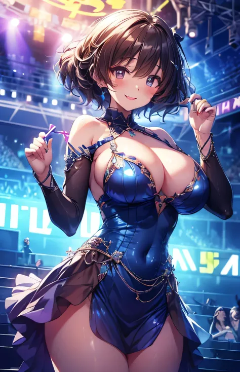 Anime illustration、highest quality、cyber punk、Sensual and voluptuous dancer、Sing and dance、Night Show、Colorful Costume、illuminated by spotlight、Colorful glow sticks、Perfect Proportions、Live music on the stadium stage、Overwhelmingly large breasts、beautiful,...