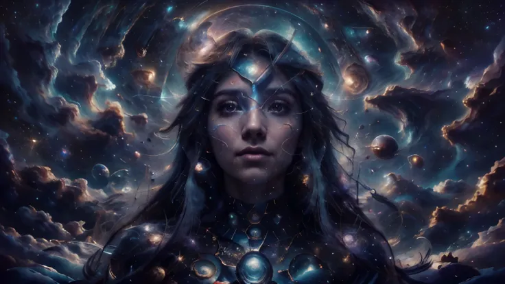 magical digital art, cosmic goddess with long hair among the stars, rosto bonito, cabelos compridos, flying hair, deusa cosmica,...