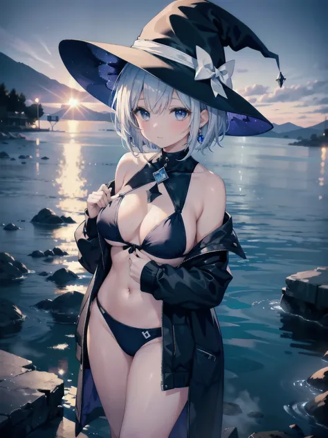 A girl stands in a hot spring with a view of the night view of Lake Suwa late at night、She has a short bob with a white lob of hair and wears a large black witch hat with sapphire jewelry.、A high school student wearing a navy blue bikini with a white ribbo...