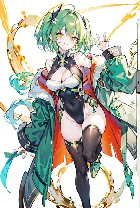 Green hair,Golden eyes,teenager, C cup breasts,googles on head,smiling,standing on one leg