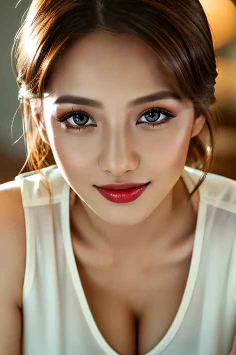 (highest quality、table top、8k、best image quality、Award-winning work)、(one young girl, 14 years old:1.3)、no sleeve, (red eyeshadow:1.2)、perfect makeup、long eyelashes、Super high-definition sparkling eyes、ultra high definition hair、ultra high resolution gloss...