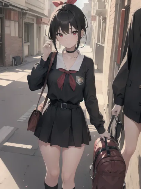 Masterpiece, top quality, super detailed, 16k, One girl, spring, high school, warm colors, school bag, accurate and highly detailed background, flock of schoolgirls in uniforms of various body shapes and hairstyles, cute. Blake. , red eyes, black hair, rib...