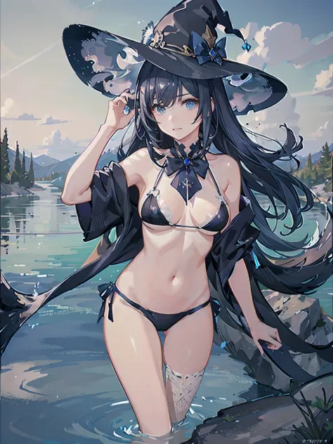 A girl stands in a hot spring with a view of the night view of Lake Suwa late at night、She has a short bob with a white lob of hair and wears a large black witch hat with sapphire jewelry.、A high school student wearing a navy blue bikini with a white ribbo...