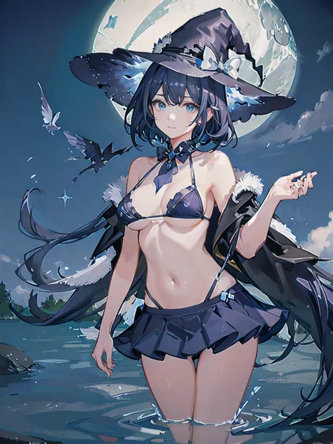 A girl stands in a hot spring with a view of the night view of Lake Suwa late at night、She has a short bob with a white lob of hair and wears a large black witch hat with sapphire jewelry.、A high school student wearing a navy blue bikini with a white ribbo...