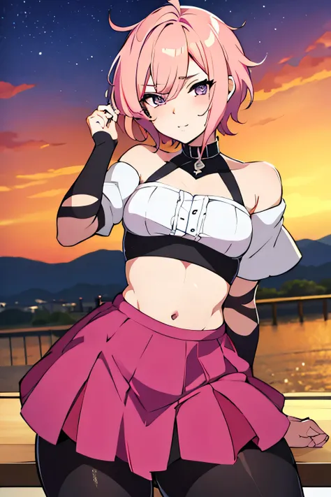 there is a cartoon picture of feminine boy with short pink hair, anime moe artstyle, 1 7 - year - old anime, in an anime style, demon femboy, flat anime style, cute, crossdresser, lewd body, curvy, cute outfit, doing a sexy pose