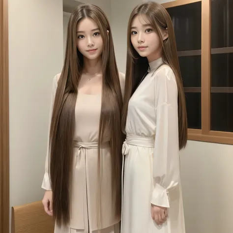 (((A photo of two people standing side by side:1.4)))　(two women with length brown hair posing for a picture, thin and shiny hair, Ulzzang, long and straight hair of brown color,, Brown long hair, beautifulgemini portrait, Brown long hair, beautifulgemini,...