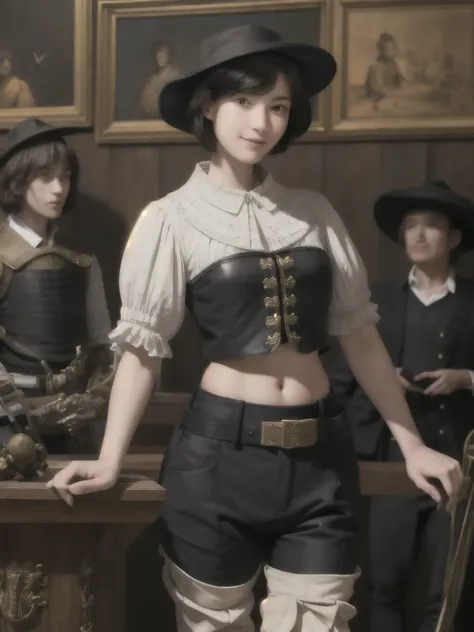 222 Short Hair, 20-year-old woman, A kind smile, (Luxurious stables), (Rembrandt-style painting), (machinery suit, Clothes that show abs、Clothes with short sleeves)