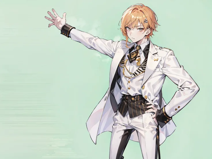 1man, male, gentleman, mature, elegance, Soul eater, Soul evan, strawberry blonde hair, golden eyes, white shirt, white jacket with black accents, black pants, white background, studio lighting