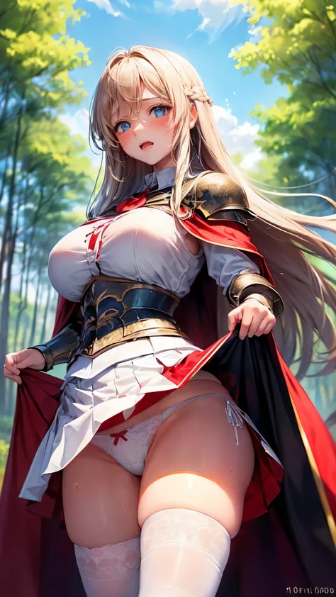 best quality,1girl,((((10 years old:1.3)))))),((big breasts:1.3)),curvy,orgasm,blush, sweat,blue eyes,blonde hair,((long hair:1.3)),straight hair,((waist-cape armor,white shirt,red skirt:1.3)),mini skirt,fantasy,((lift skirt,upskirt,lace panties,white pant...