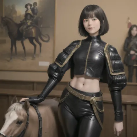 222 Short Hair, 20-year-old woman, A kind smile, (Luxurious stables), (Rembrandt-style painting), (machinery suit, Clothes that show abs、Clothes with short sleeves)
