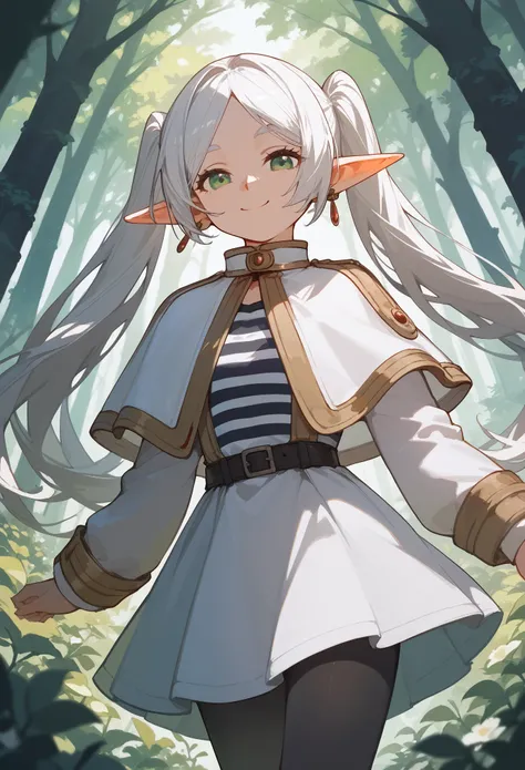 masterpiece, best quality, (score_9, score_8_up, score_7_up, score_6_up), BREAK 1girl, wide shot, (FrierenBase), green eyes, elf ears, pointy ears, innexpressive, small smile, head tilt, looking at viewer, white hair, long hair, twintails, earrings, white ...