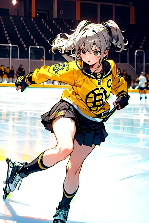 cute girl wearing boston bruins jersey skating in ice arena