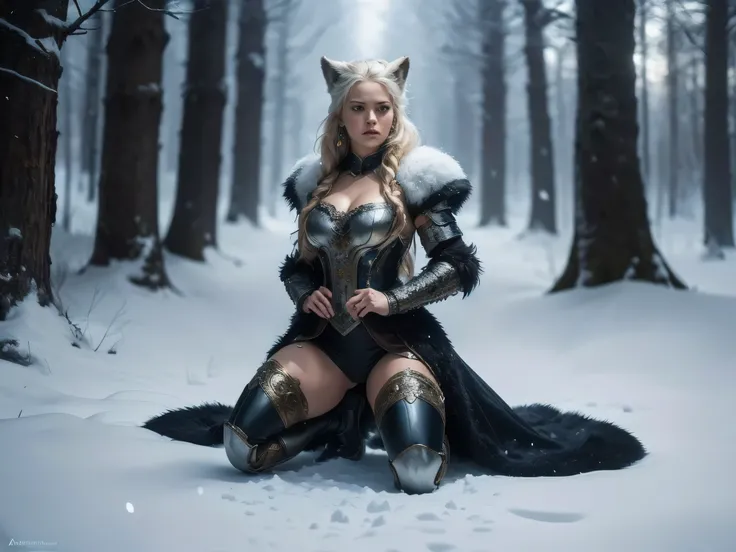 A stunningly drawn ((full body image)) of a (((Nordic warrior woman))), dressed in a ((fantastical snow-themed full body armor)), ((kneeling)) alongside a ((wolf)), in a (((fantastical forest clearing))) amidst a gentle (((snowfall))), her ornate attire an...