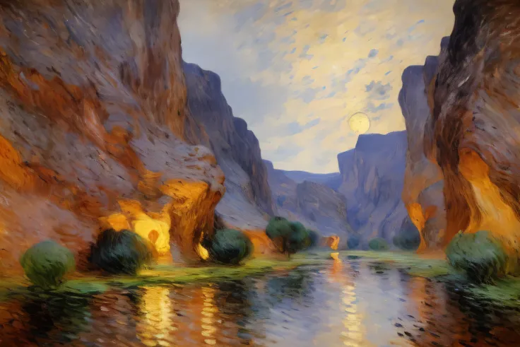 claude_monet, a painting of a winding river in a deep canyon desert at night, landscape,rain, 