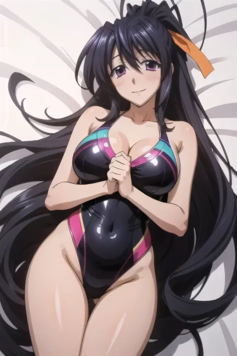 Himejima Akeno、Long Hair、(draw the eyes:1.2)、one person 
、smile 、blush 
、(Pulling the laces of the swimsuit )
、(highest quality) 、(Fine skin:1.3)