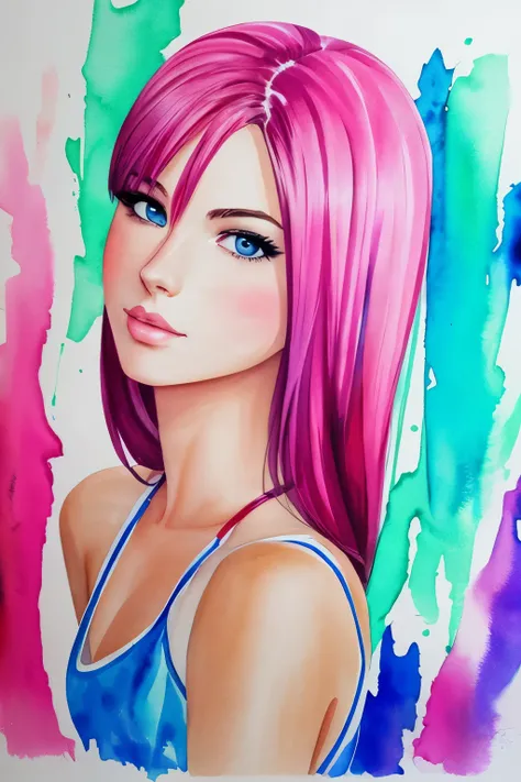 watercolor and oil painting fusion, best quality, hot pink artwork, white line art, beautiful woman self portrait, light up