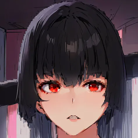 Anime girl with black hair and red eyes in the room, Semi-realistic animation style, She has black hair，With bangs, Gamoyedre, black hime cut hair, Semi-realistic animation, Semi-realistic animation, Realistic anime 3D style, Anime cute art style, Gamoyedr...