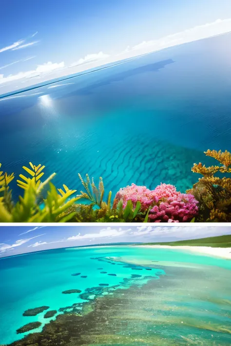 Realistic、Photo of a collaboration between dolls and robots、Comical pose、Photo of the Great Barrier Reef in the background