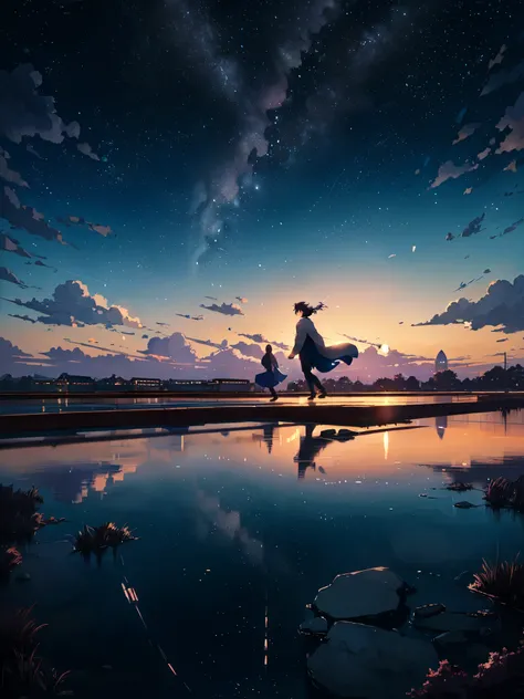 Masterpiece, anime train passing through bodies of water on tracks, bright starry sky. Romantic train, Makoto Shinkais picture, pixiv, concept art, lofi art style, reflection. by Makoto Shinkai, lofi art, Beautiful anime scene, Anime landscape, detailed sc...