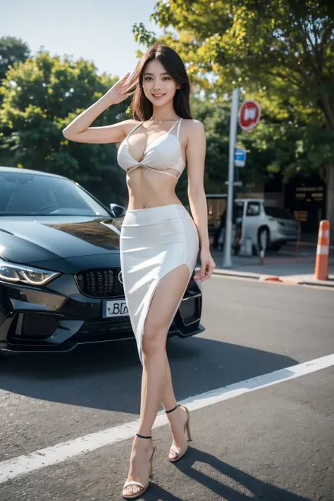 (best quality,4k,uhd,high resolution,ultra realistic details:1.2),25 years old asian pretty car show model,toned abs,sexy navel,breast cleavage,standing with confidence,high heels,tight pencil skirt,single strap bra top,waving at the camera,cheerful smile,...