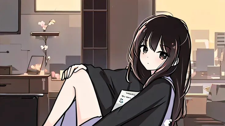 night, large windows, anime girl reading a book while relaxing in her room with headphones on, lofi girl, anime atmosphere, lofi...