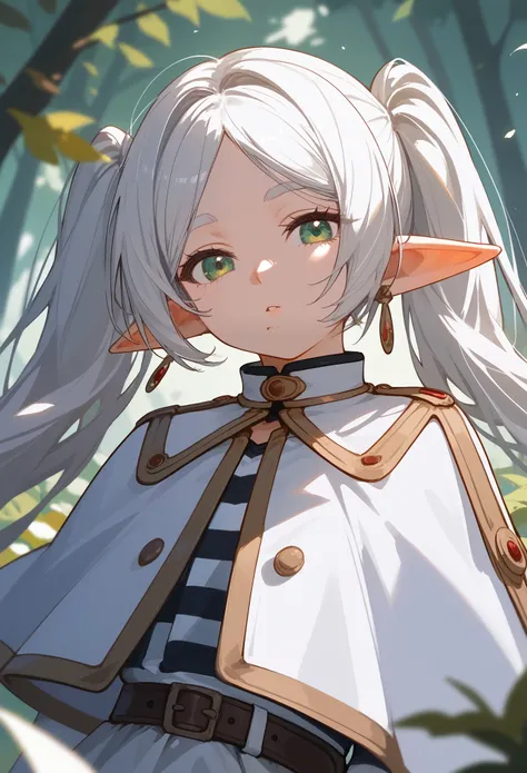 masterpiece, best quality, very aesthetic, (score_9, score_8_up, score_7_up), BREAK 1girl, close-up, (FrierenBase), green eyes, elf ears, pointy ears, innexpressive, head tilt, looking at viewer, white hair, long hair, twintails, earrings, white capelet, s...
