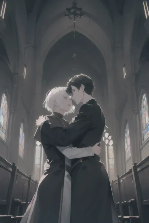 ((Dark colors)), (moody atmosphere), (2 characters), (male characters), (White hair), (black hair), (pose - hugs), (Madness), maniacalnost, Perspective, Frame from below, (church), priests&#39; clothing, (cool colors), (cold lighting), dust, crosses, night...