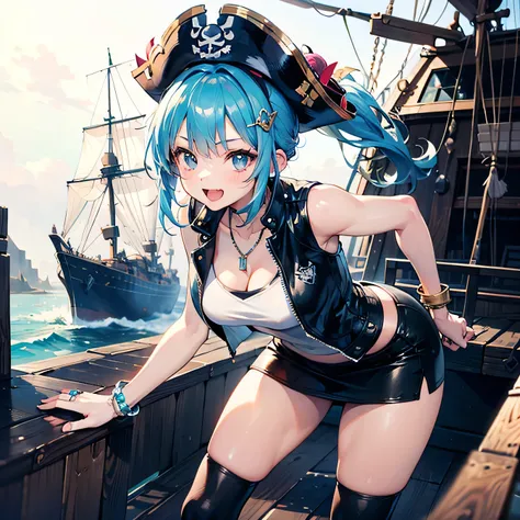 Anime Moe Art Style,highest quality,High resolution,Anatomically correct,One Girl,Mid-teens,A girl with light blue hair in a ponytail,Super detailed,Fantasy-style world,Leather vest,Tank top,Leather tight mini skirt,Pirate hat,Touching his hat with both ha...