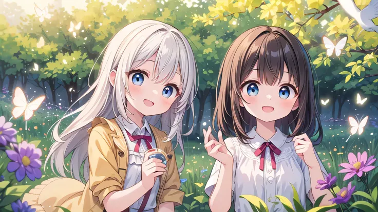 Two pure and innocent girls,(10 years old)、(2 people)、Cute face、Beautiful Eyes、Odd Eye、Natural Beauty、Warm sunshine、Wildflowers swaying in the wind々Surrounded by、Enjoying time in the fields。Butterflies and birds flutter around her、Creates a playful atmosph...