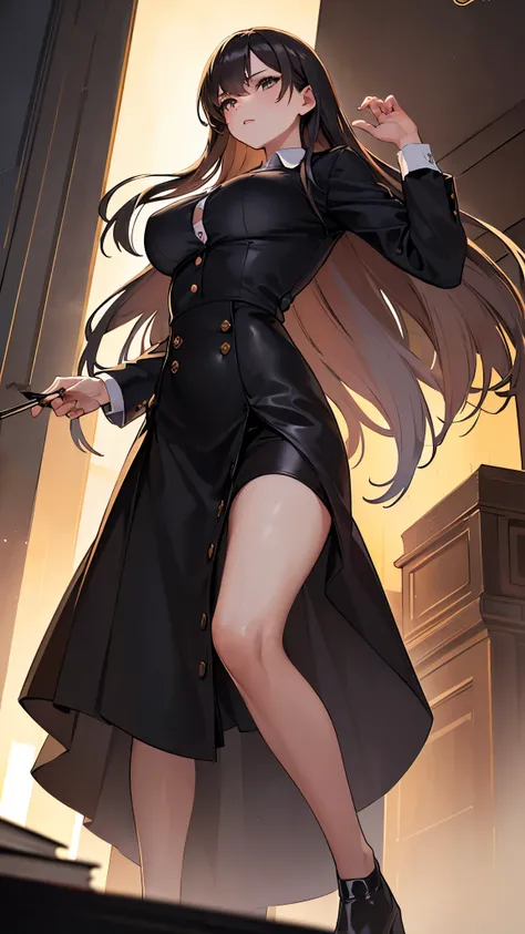 (highest quality, Realistic, masterpiece: 1.2), 1 Female, (Button unbuttoned:1.2), Dynamic pose, Floating Hair, Long Hair, Large Breasts, (Tight dress shirt:1.2), ((High waisted black long skirt:1.2)), Long leather coat, ((View from below)), Dramatic Light...